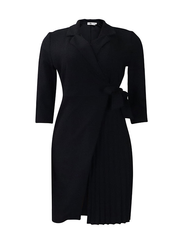 Olivia Bennet | Three-Quarter Sleeves Pleated Solid Color Split-Front Tied Waist V-Neck Mini Dresses