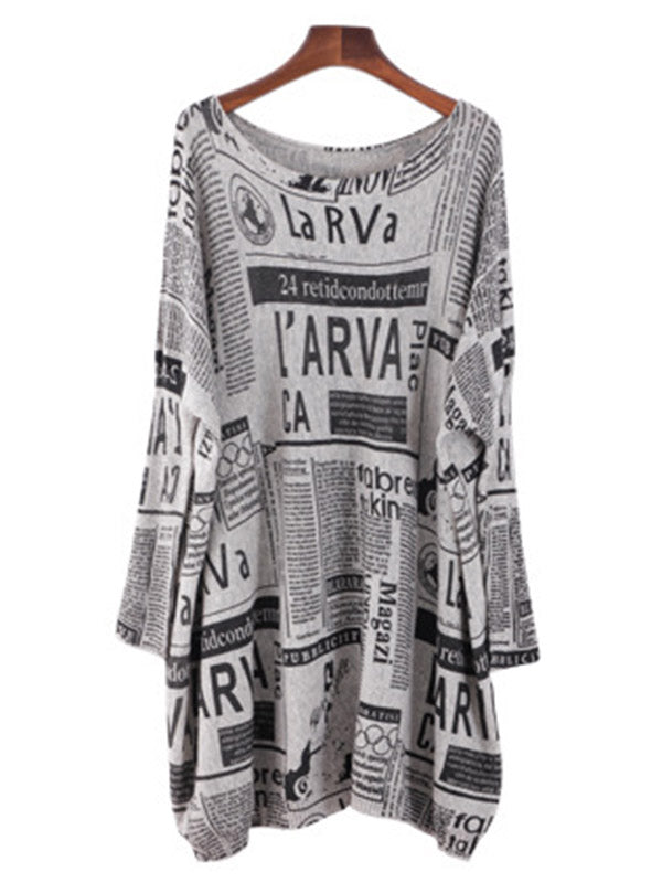 Olivia Bennet | Vintage Loose One-Shoulder Newspaper Printed Split-Joint Sweater