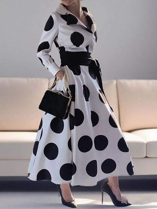 Olivia Bennet | A-Line Long Sleeves Pockets Polka-Dot Tied Waist Notched Collar Maxi Dresses