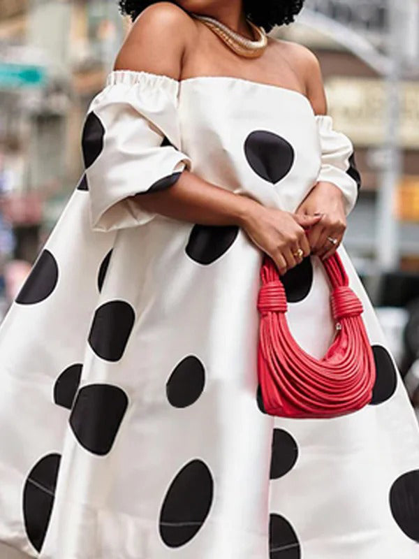 Olivia Bennet | A-Line Loose Polka-Dot Split-Joint Off-The-Shoulder Midi Dresses