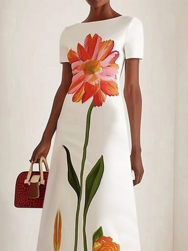 Olivia Bennet | Short Sleeves Flower Print Boat Neck Maxi Dresses