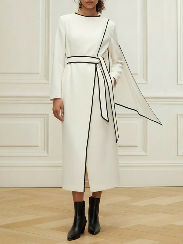 Olivia Bennet | Long Sleeves Minimalist Belted Comfort Contrast Color Round-Neck Midi Dresses