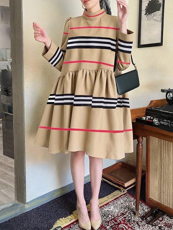 Olivia Bennet | A-Line High Waisted Contrast Color Pleated Striped Zipper Mock Neck Midi Dresses