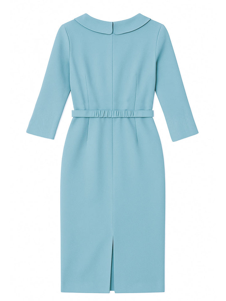 Olivia Bennet | Powder Blue Draped Collar Pencil Midi Dress
