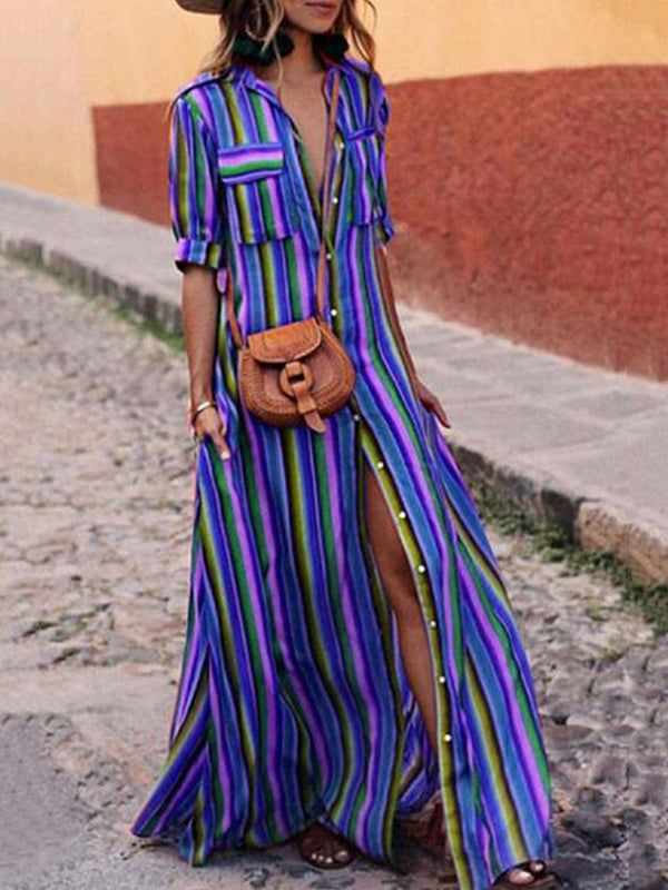 Olivia Bennet | Long Sleeves Loose Split-Joint Striped Lapel Maxi Dresses Shirt Dress