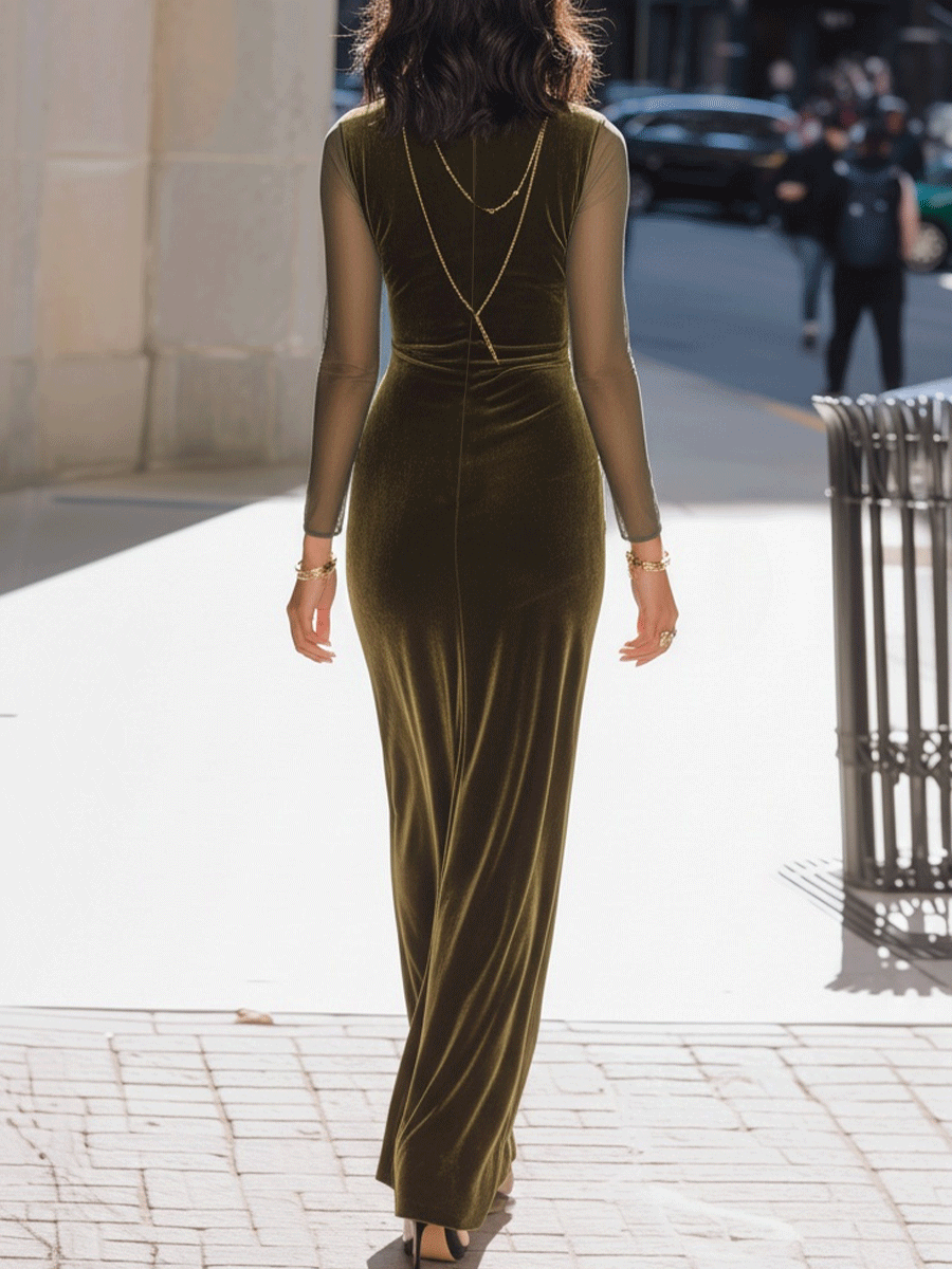 Olivia Bennet | Olive Velvet Gown With Sheer Sleeves
