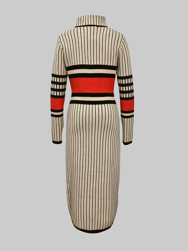 Olivia Bennet | Long Sleeves Skinny Contrast Color Striped High Neck Midi Dresses Sweater Dresses