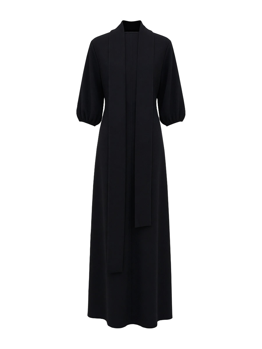 Olivia Bennet | Loose Puff Sleeves Buttoned Split-side Mock Neck Maxi Dresses