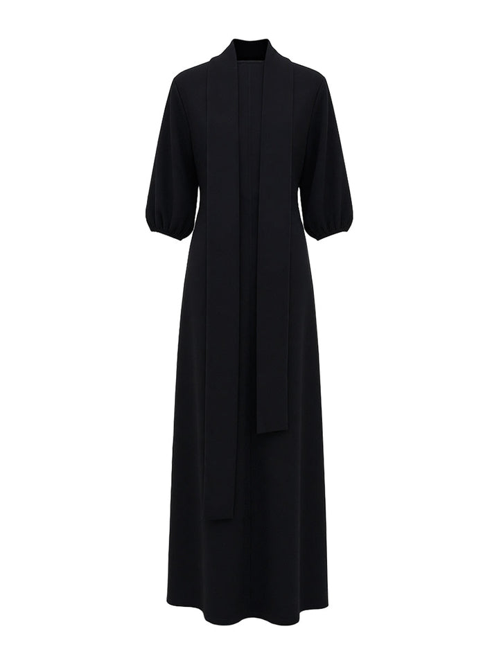 Olivia Bennet | Loose Puff Sleeves Buttoned Split-side Mock Neck Maxi Dresses