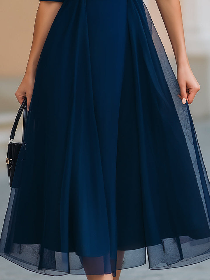 Olivia Bennet | Navy Blue Sheer Overlay Fit-and-Flare Midi Dress