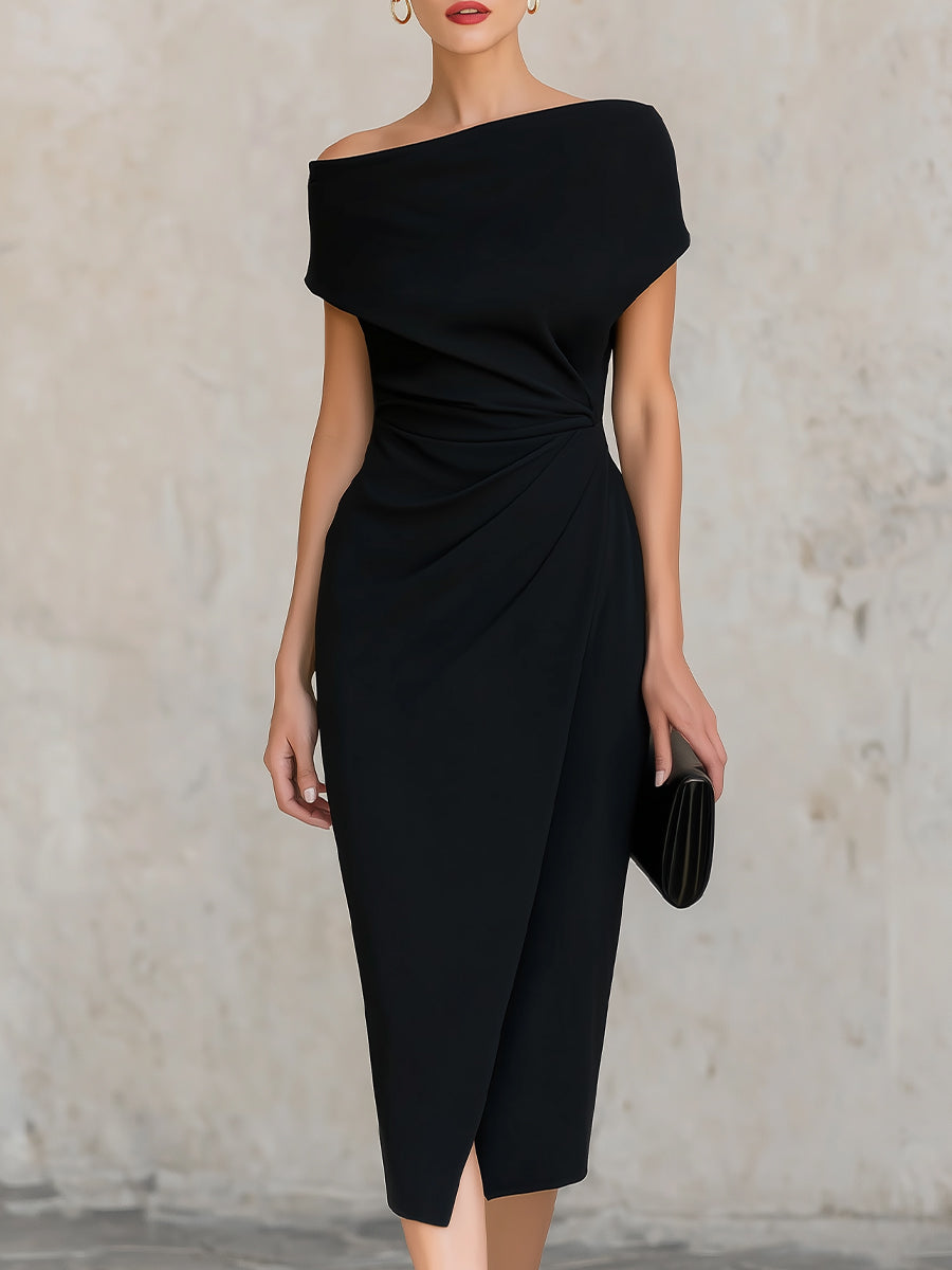 Olivia Bennet | Minimalist Black Asymmetric One-Shoulder Midi Dress