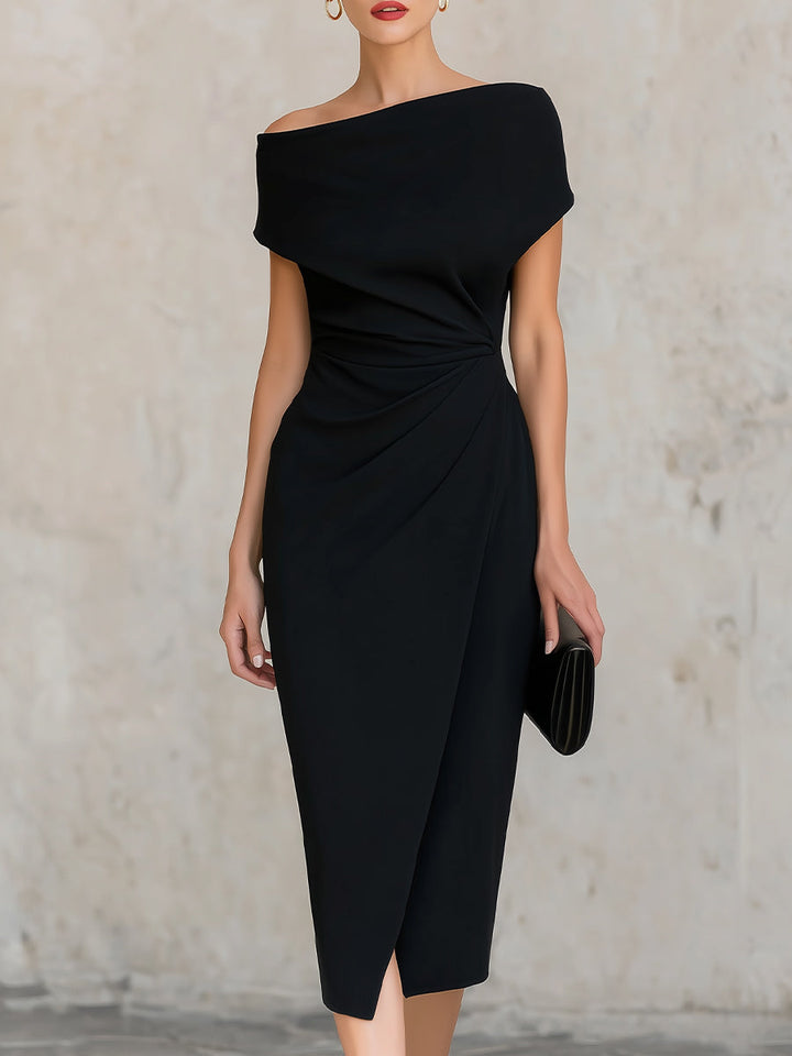Olivia Bennet | Minimalist Black Asymmetric One-Shoulder Midi Dress