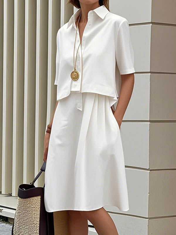 Olivia Bennet | False Two Half Sleeves Buttoned Solid Color Lapel Midi Dresses Shirt Dress
