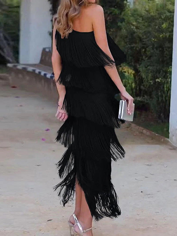 Olivia Bennet | Loose Sleeveless Asymmetric Solid Color Split-Joint Tasseled One-Shoulder Maxi Dresses