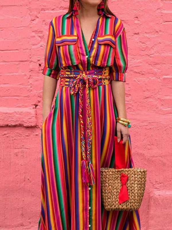 Olivia Bennet | Long Sleeves Loose Split-Joint Striped Lapel Maxi Dresses Shirt Dress