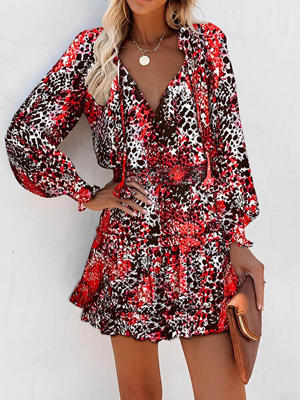 Olivia Bennet | A-Line Long Sleeves Contrast Color Leopard Pleated Split-Joint Tied V-Neck Mini Dresses