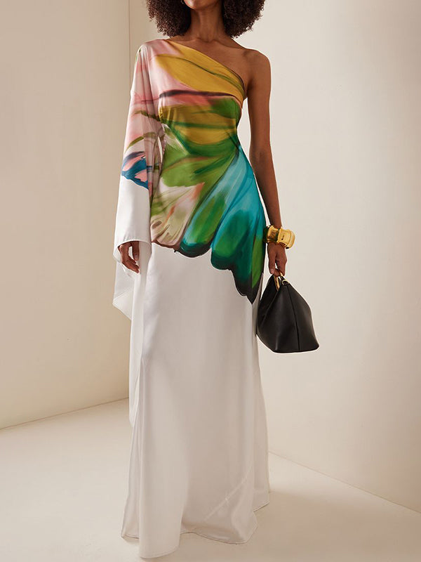 Olivia Bennet | Long Sleeves Loose Asymmetric Flower Print One-Shoulder Maxi Dresses