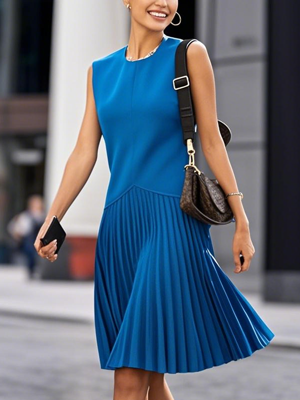 Olivia Bennet | Loose Sleeveless Pleated Solid Color Split-Joint Round-Neck Midi Dresses