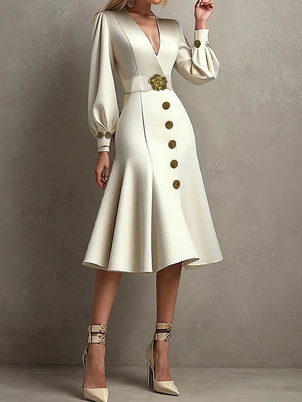Olivia Bennet | Loose Puff Sleeves Pleated Split-Joint Tied Waist V-Neck Midi Dresses