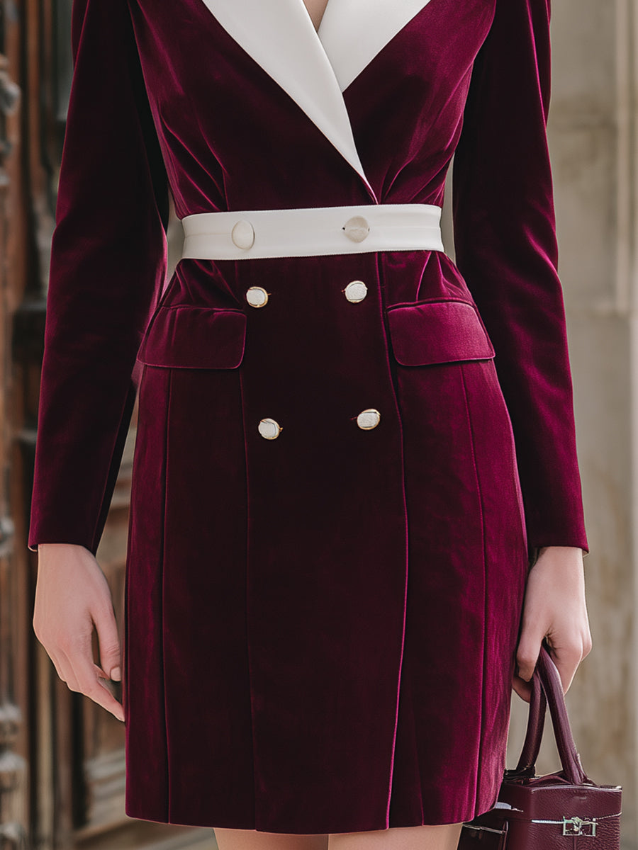 Olivia Bennet | Burgundy Contrast-Lapel Double-Breasted Velvet Blazer Dress