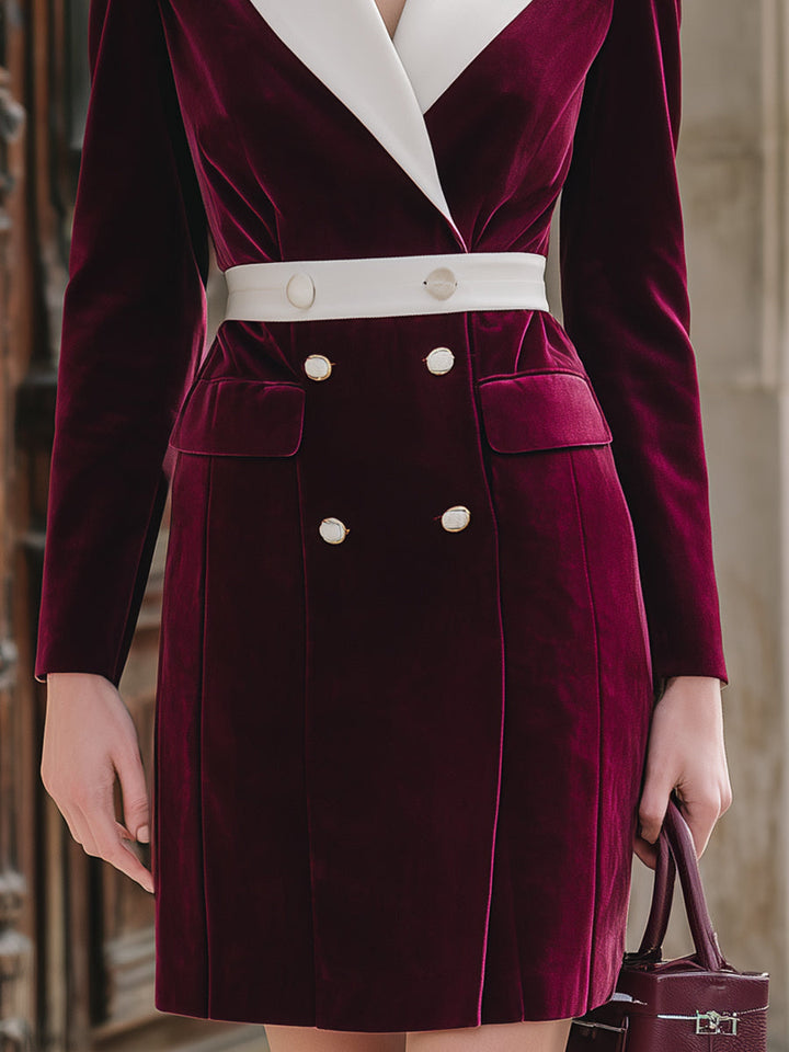 Olivia Bennet | Burgundy Contrast-Lapel Double-Breasted Velvet Blazer Dress