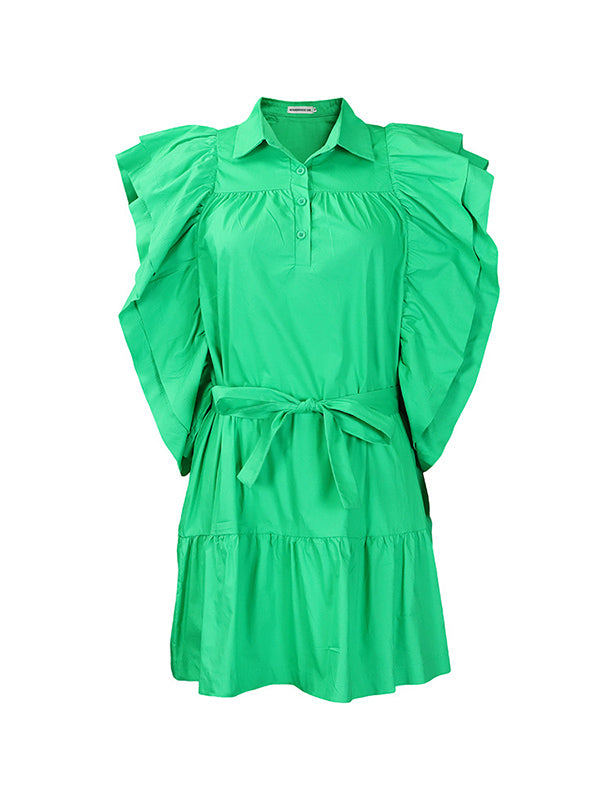 Olivia Bennet | A-Line High Waisted Buttoned Pleated Ruffled Solid Color Tied Waist Lapel Mini Dresses