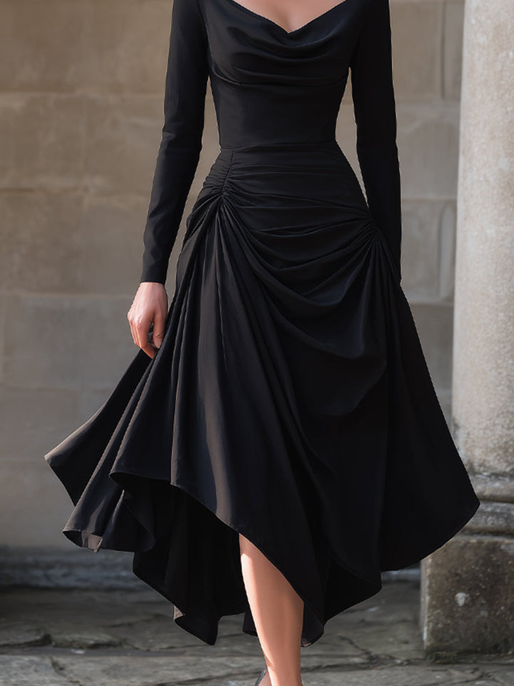 Olivia Bennet | Black Asymmetric Sculpted-Waist Midi Dress