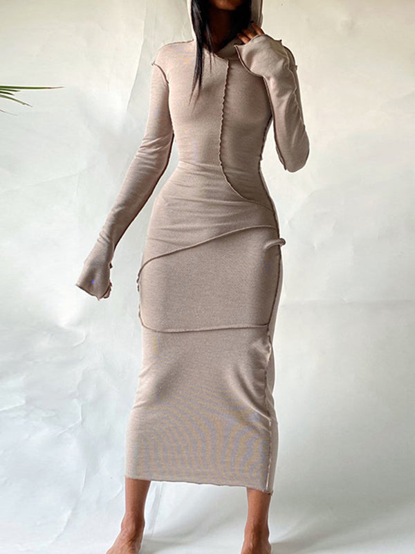 Olivia Bennet | Long Sleeves Plus Size Solid Color Split-Joint Hooded Maxi Dresses