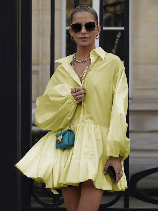 Olivia Bennet | Puff Sleeves Buttoned Solid Color Split-Joint Lapel Mini Dresses Shirt Dress