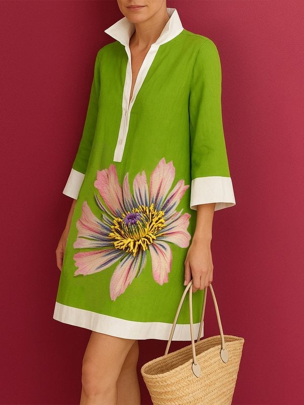 Olivia Bennet | Loose Three-Quarter Sleeves Buttoned Contrast Color Flower Print Lapel Mini Dresses