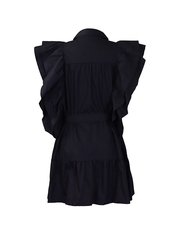 Olivia Bennet | A-Line High Waisted Buttoned Pleated Ruffled Solid Color Tied Waist Lapel Mini Dresses