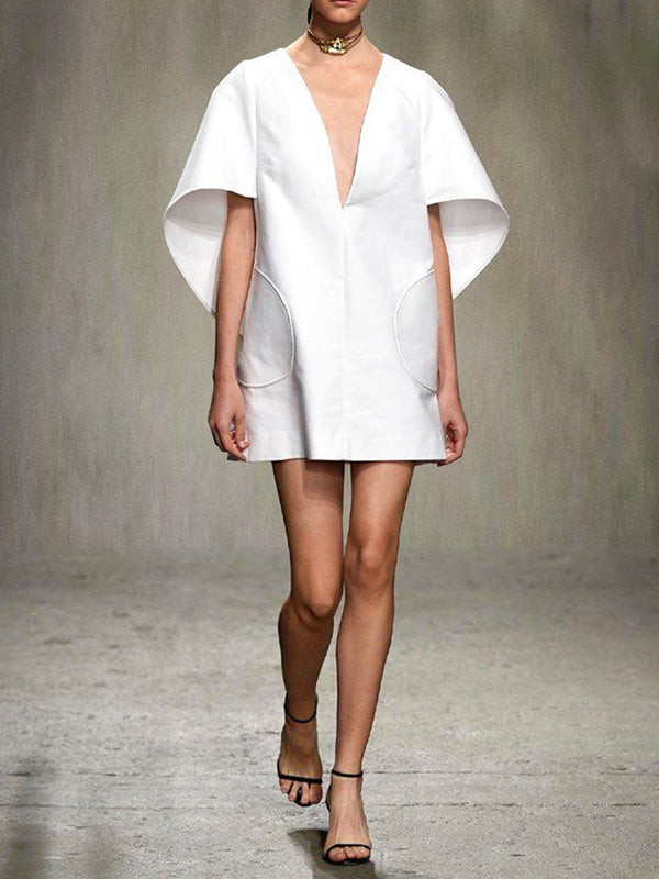Olivia Bennet | Half Sleeves Loose Solid Color Deep V-Neck Mini Dresses