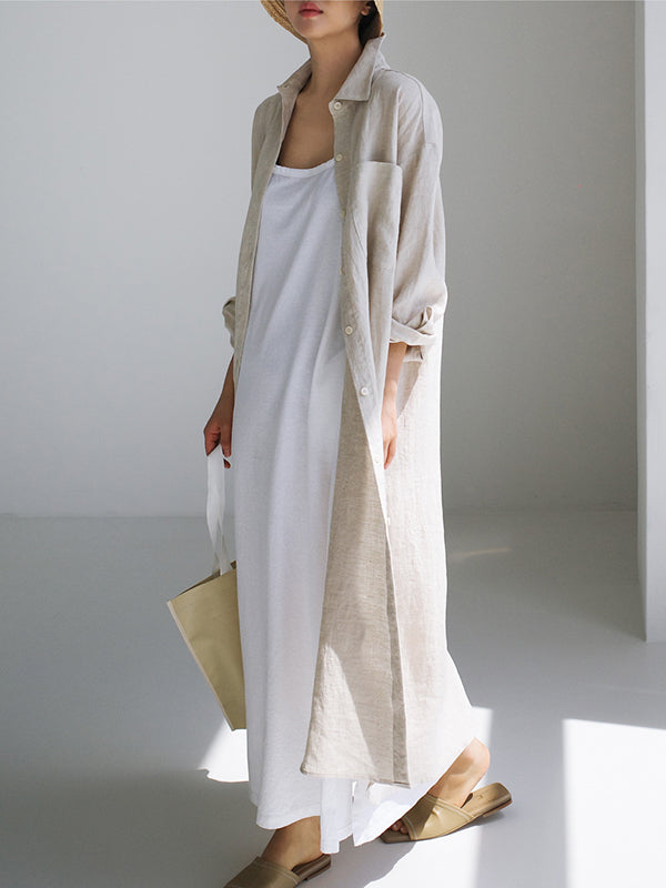 Olivia Bennet | Simple Long Sleeves Split-Side Solid Color Lapel Midi Dresses Shirt Dress