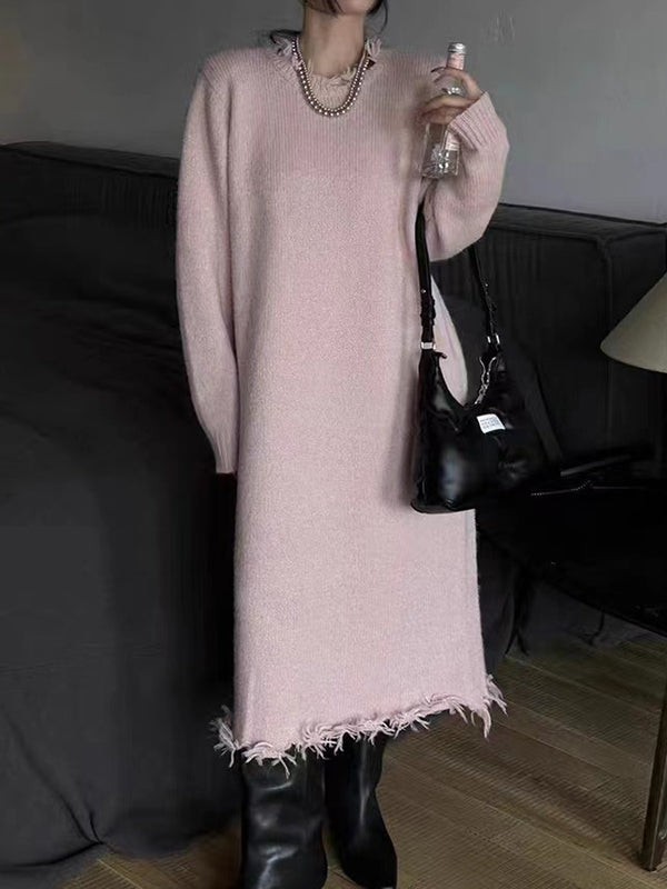 Olivia Bennet | High Waisted Long Sleeves Fringed Solid Color Round-Neck Midi Dresses Sweater Dresses