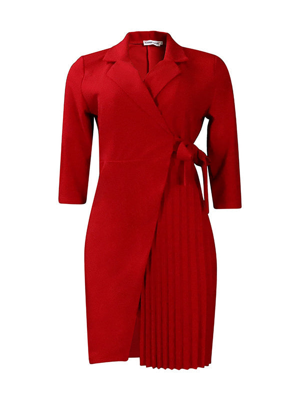 Olivia Bennet | Three-Quarter Sleeves Pleated Solid Color Split-Front Tied Waist V-Neck Mini Dresses