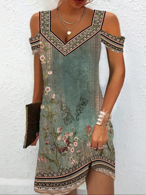 Olivia Bennet | A-Line High Waisted Flower Print Hollow Cold Shoulder Mini Dresses