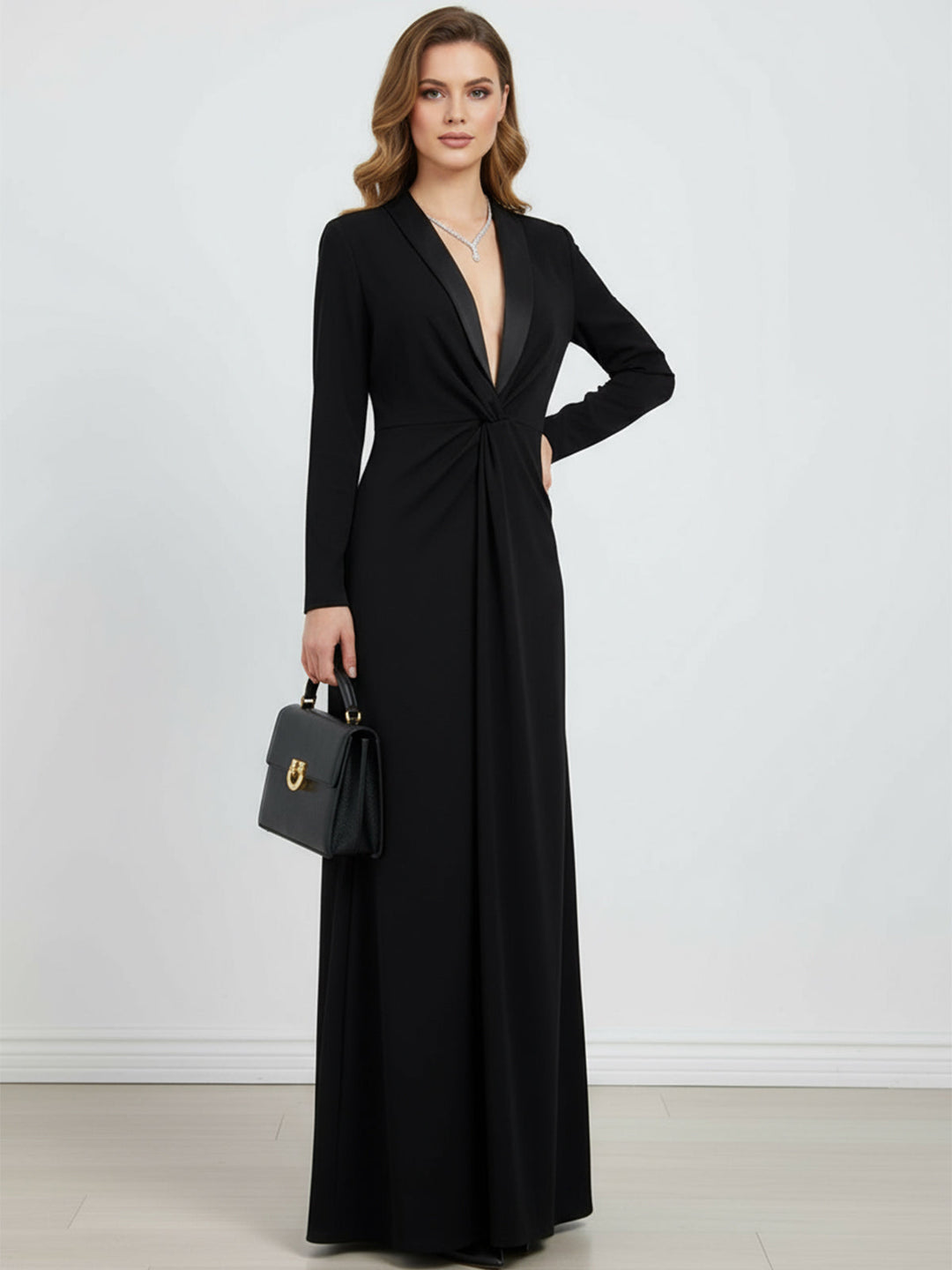 Olivia Bennet | Long Sleeves Skinny Solid Color Deep V-Neck Maxi Dresses