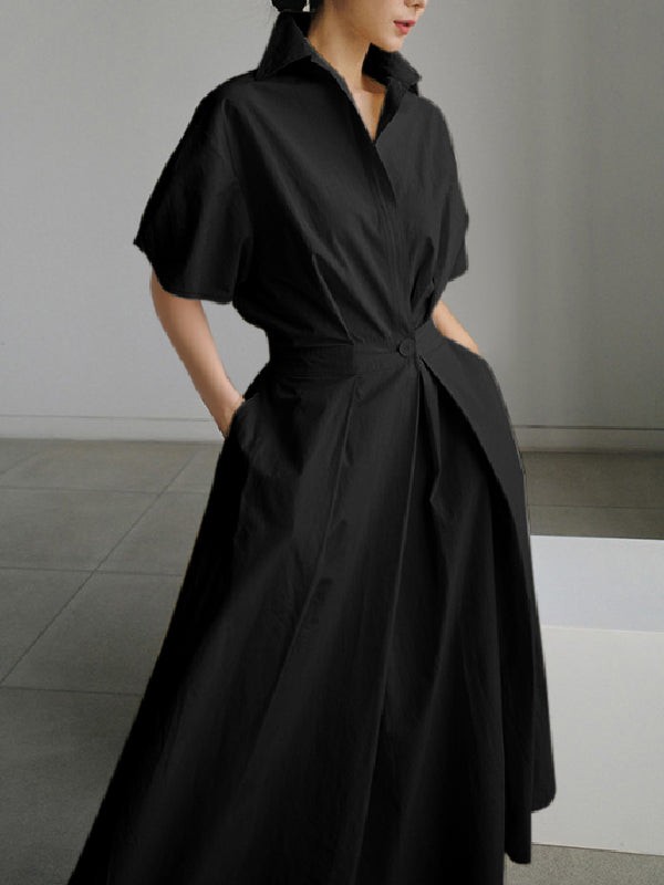 Olivia Bennet | High Waisted Loose Pleated Solid Color V-Neck Midi Dresses