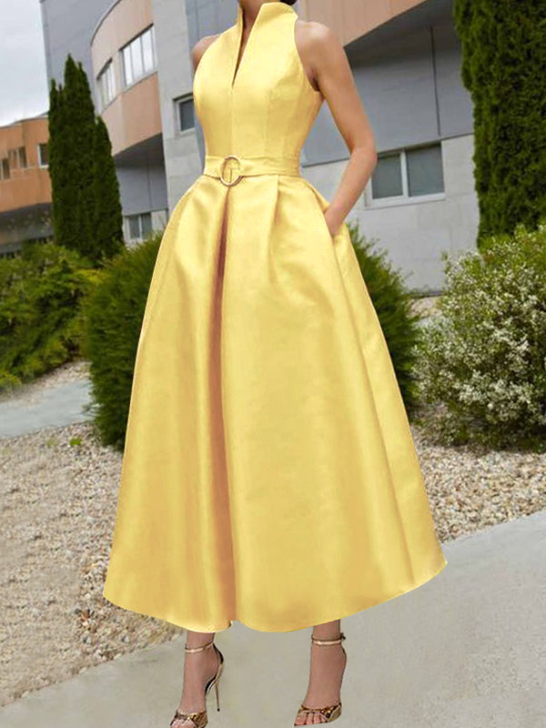 Olivia Bennet | A-Line Loose Belted Pleated Pockets Solid Color V-Neck Midi Dresses