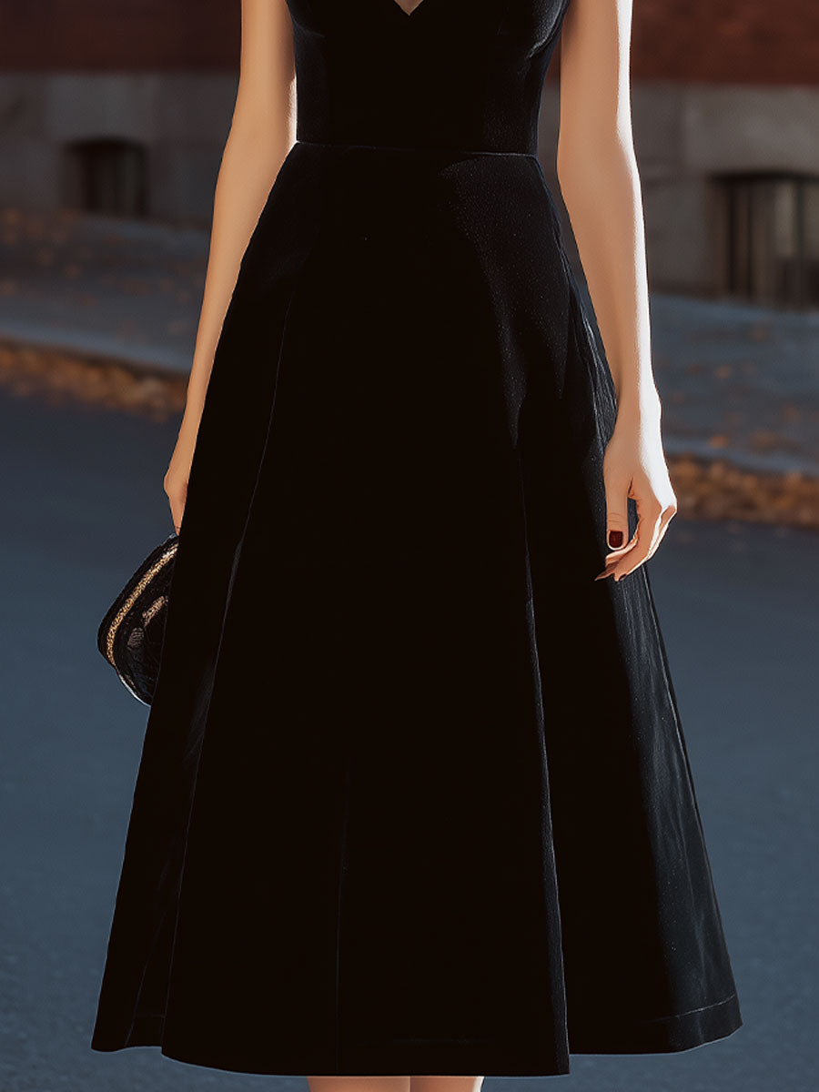 Olivia Bennet | Black V-Neck Fit-and-Flare Velvet & Mesh Midi Dress