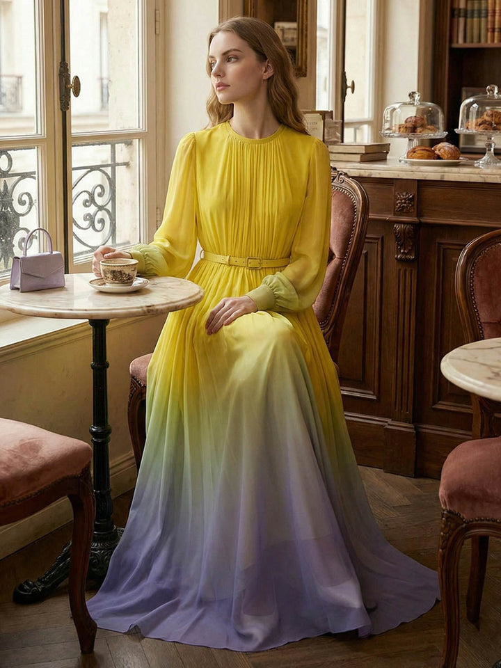Olivia Bennet | High Waisted Long Sleeves Belted Contrast Color Gradient Pleated Split-Joint Round-Neck Maxi Dresses