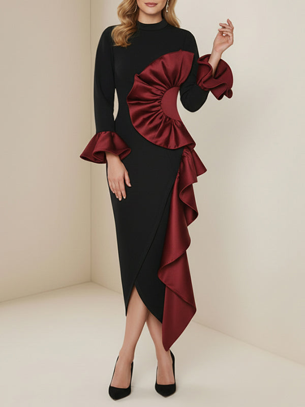 Olivia Bennet | Bodycon Flared Sleeves Asymmetric Contrast Color Ruffled Zipper Stand Collar Midi Dresses