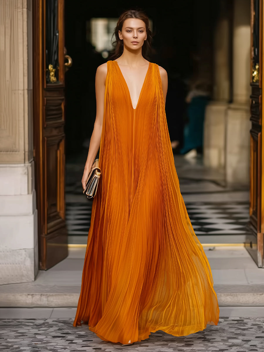 Olivia Bennet | Deep V-Neck Pleated Flowing Maxi Dress