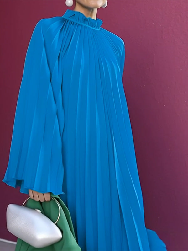 Olivia Bennet | Flared Sleeves Loose Pleated Ruffled Solid Color Split-Joint High Neck Maxi Dresses