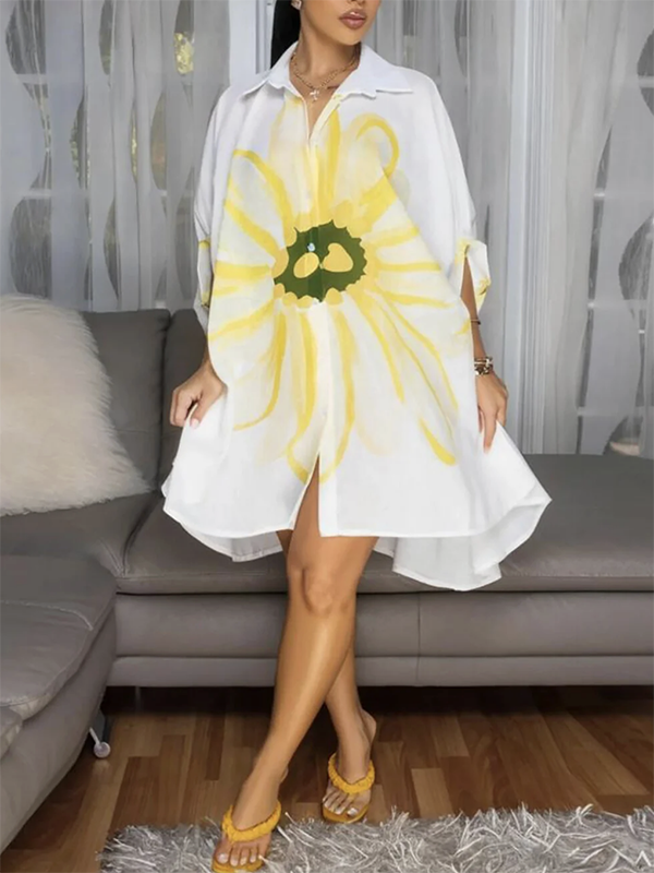 Olivia Bennet | Half Sleeves Loose Buttoned Flower Print Lapel Mini Dresses Shirt Dress