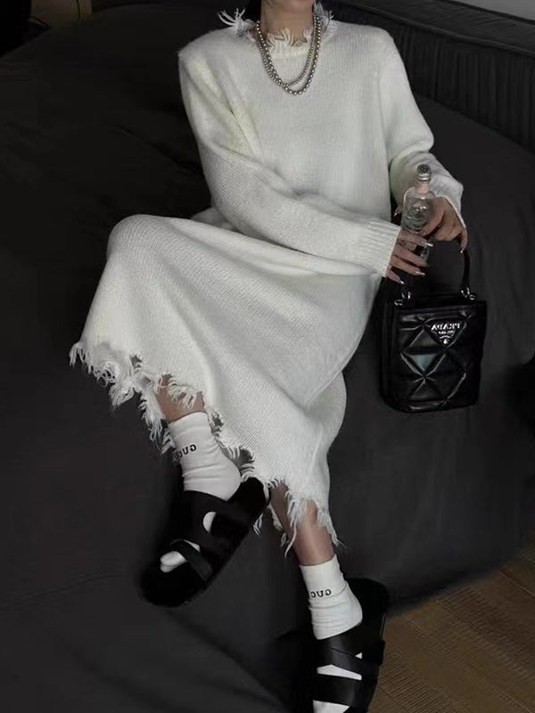 Olivia Bennet | High Waisted Long Sleeves Fringed Solid Color Round-Neck Midi Dresses Sweater Dresses