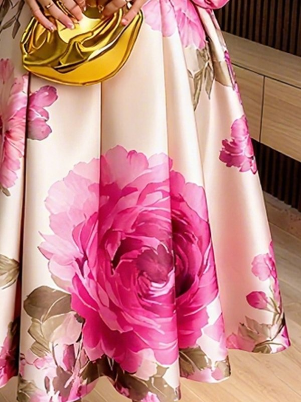 Olivia Bennet | A-Line Long Sleeves Elasticity Flower Print Pleated Mock Neck Maxi Dresses