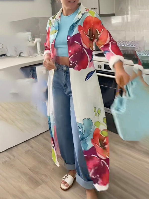 Olivia Bennet | Long Sleeves Loose Buttoned Flower Print Lapel Maxi Dresses Shirt Dress