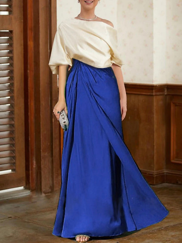 Olivia Bennet | Half Sleeves Loose Asymmetric Contrast Color Pleated Split-Joint One-Shoulder Evening Dresses Maxi Dresses