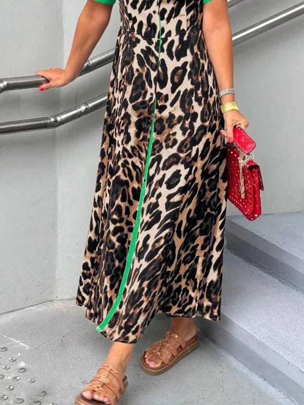 Olivia Bennet | Loose Short Sleeves Buttoned Contrast Color Leopard Lapel Maxi Dresses Shirt Dress